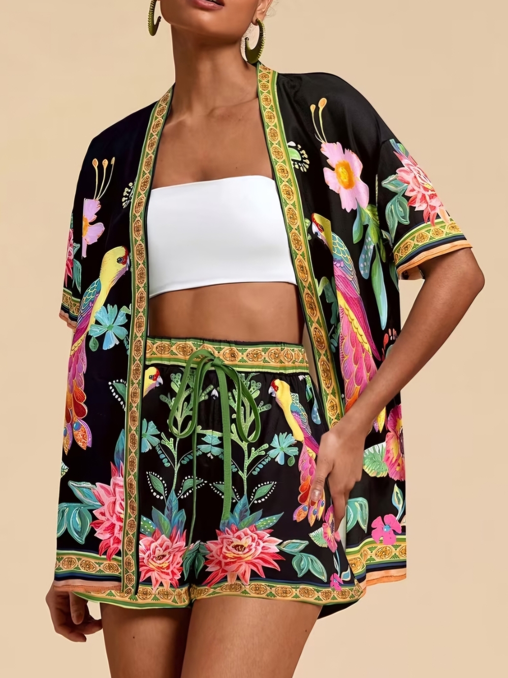 Tropical Parrot Floral Two-Piece Short Set - Black